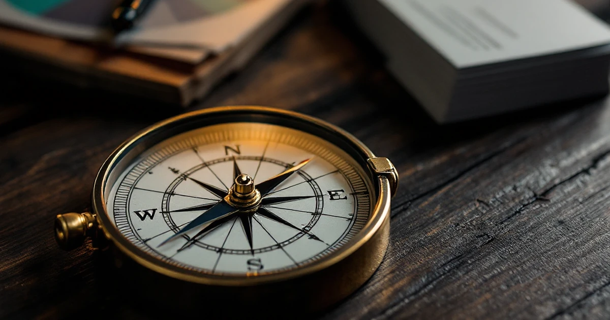 Compass, decision wheel, and business cards on a wood surface representing who should buy Mangools.