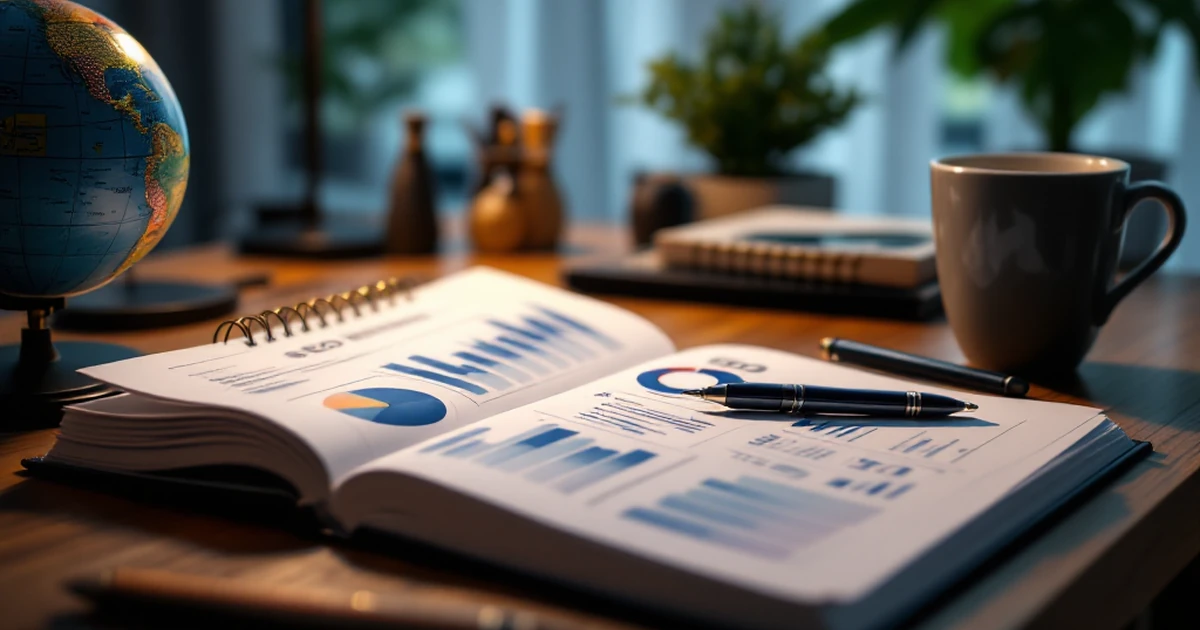 Office desk setup with notebook, pen, coffee cup, and globe for SEO work.