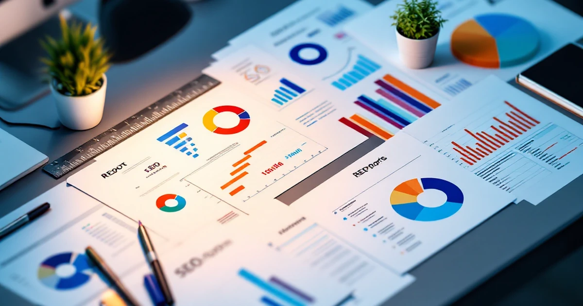 Isometric view of SEO tools with charts and graphs on a desk.