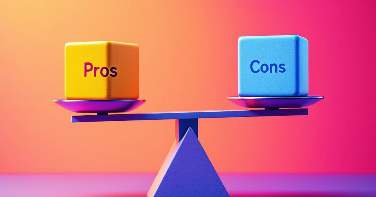 Abstract image of balance scale with cubes labeled 'Pros' and 'Cons'.