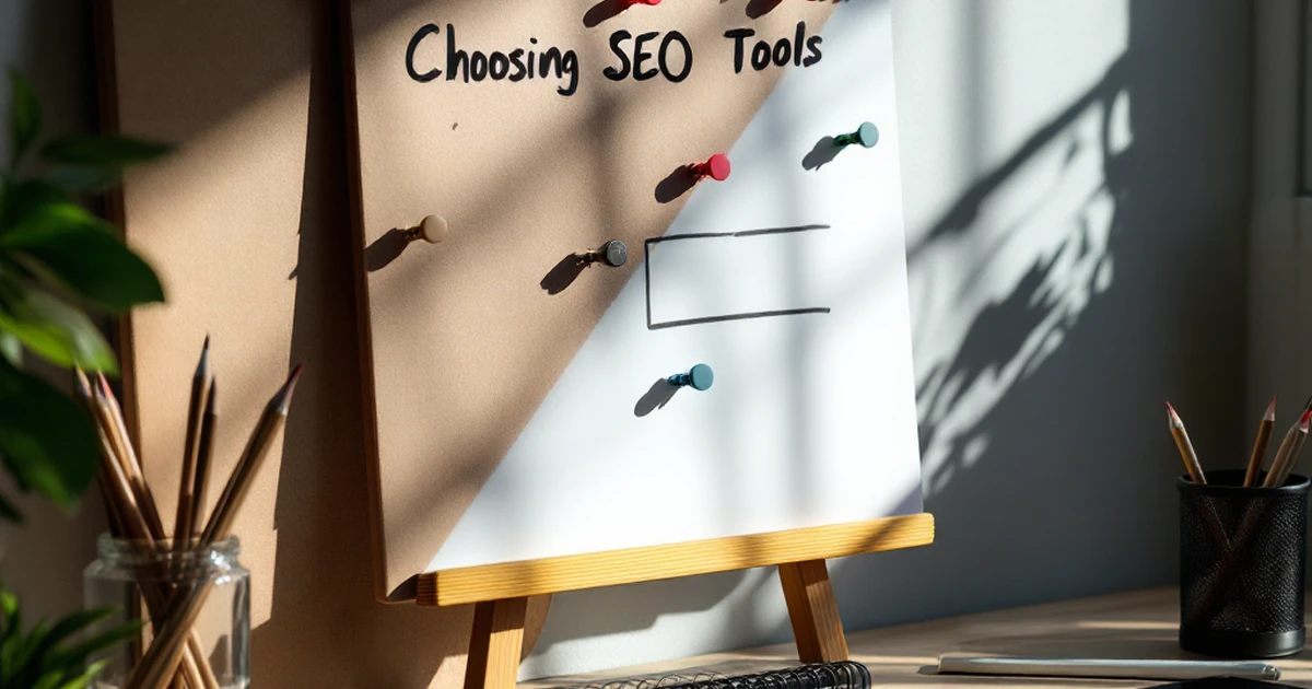 Workspace with decision-making board, planner, and pencils for SEO tool choice.