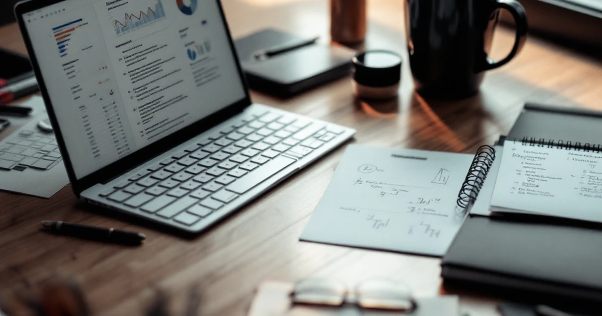 Digital marketer's desk with notes and coffee cup.