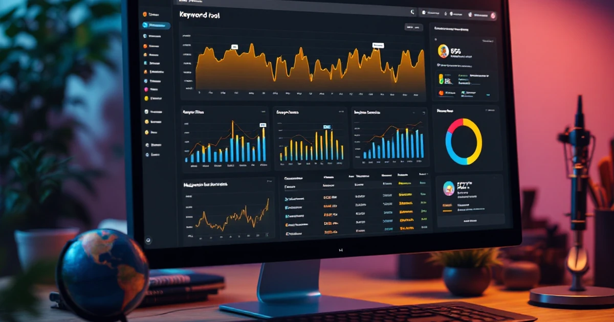 Product shot of KWFinder tool with screen displaying keyword charts and office items.