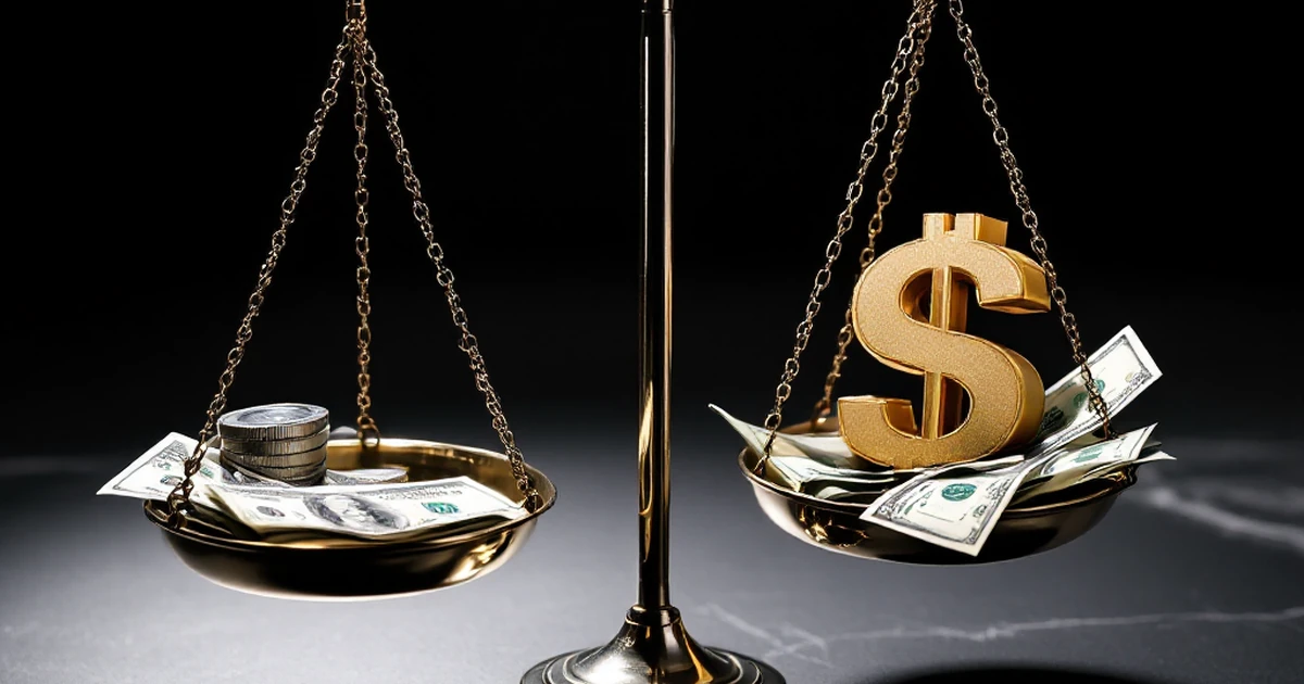 Balance scale with SEO tools and dollar bills representing cost versus value.