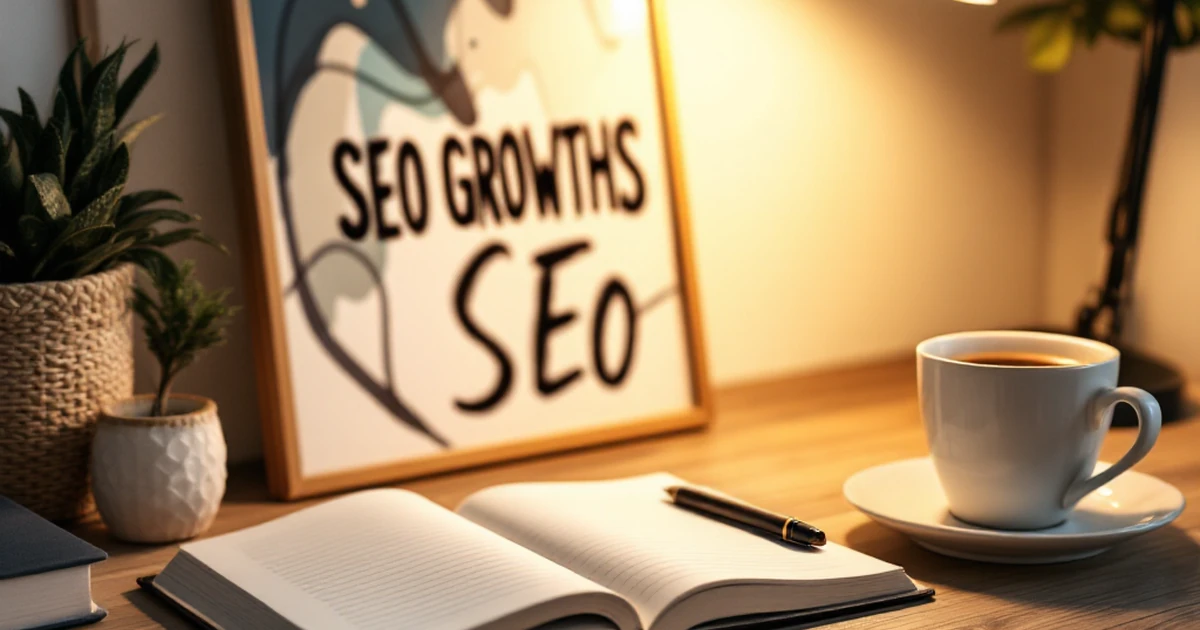 Tidy desk with notebook, pen, coffee, and abstract art symbolizing SEO growth.