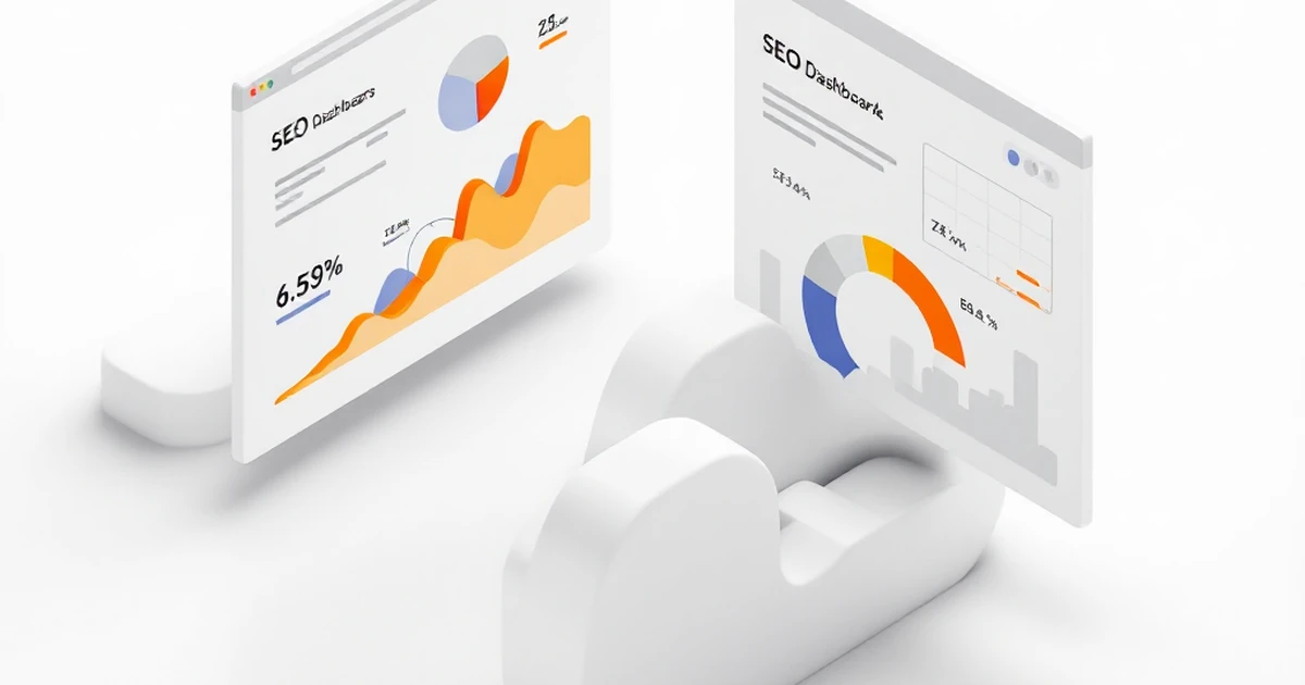 Abstract isometric view of contrasting SEO dashboards.