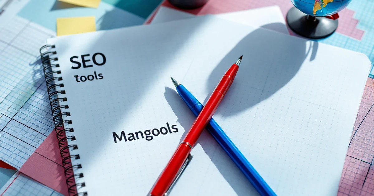 Introduction to SEO tools comparison with Mangools and Moz Pro branded notepads, graph papers, and globe paperweight.
