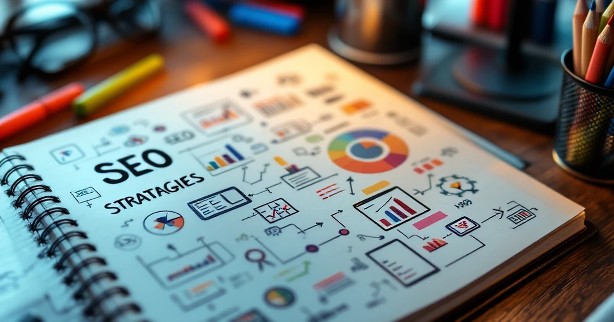 Workspace setup for SEO tool use case scenarios with open notebooks, highlighters, and cup of pencils.