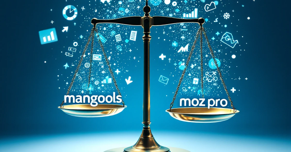 Abstract representation of final verdict with balancing scales featuring Mangools and Moz Pro logos and floating SEO icons.