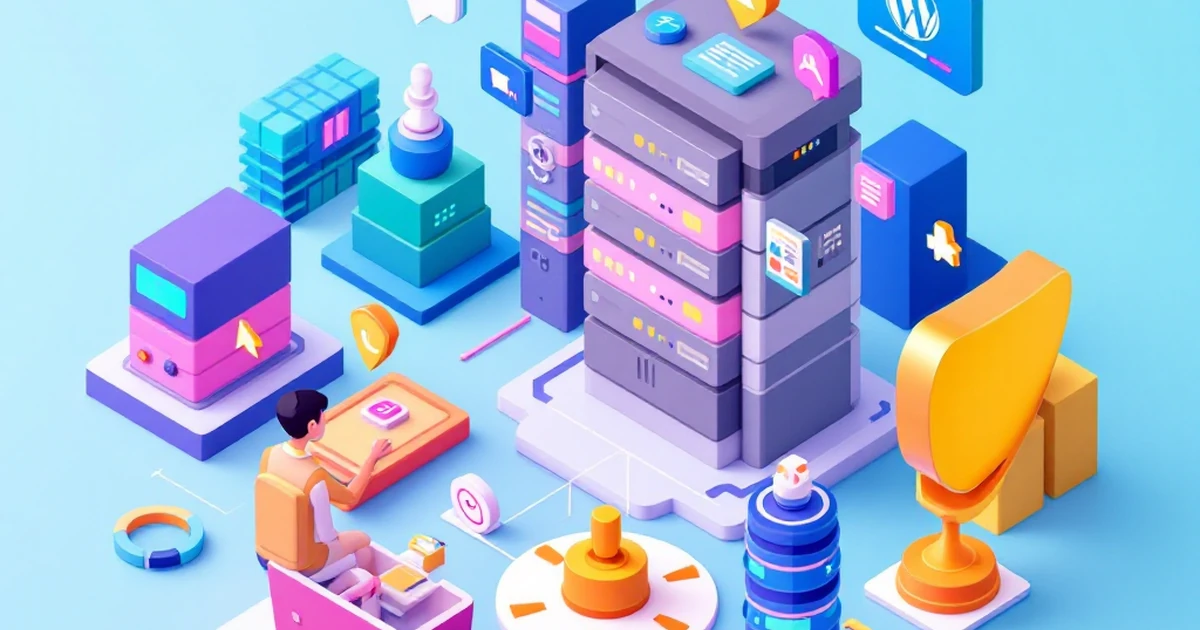 Isometric illustration of web hosting features with vibrant icons.