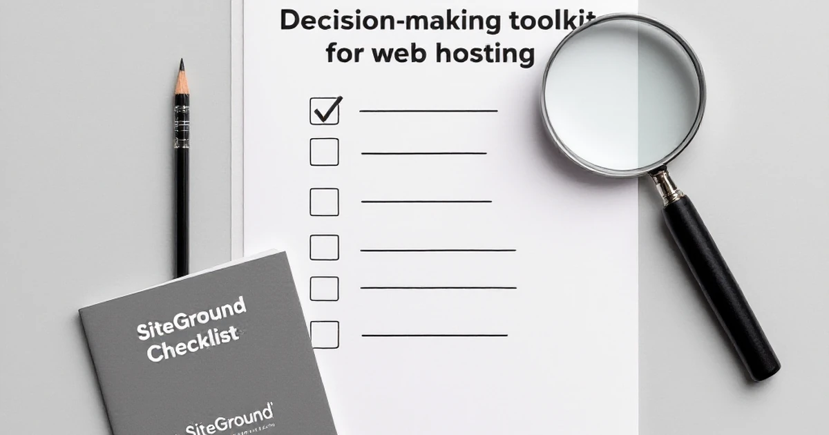 Flat lay of decision-making tools for web hosting with SiteGround brochure.