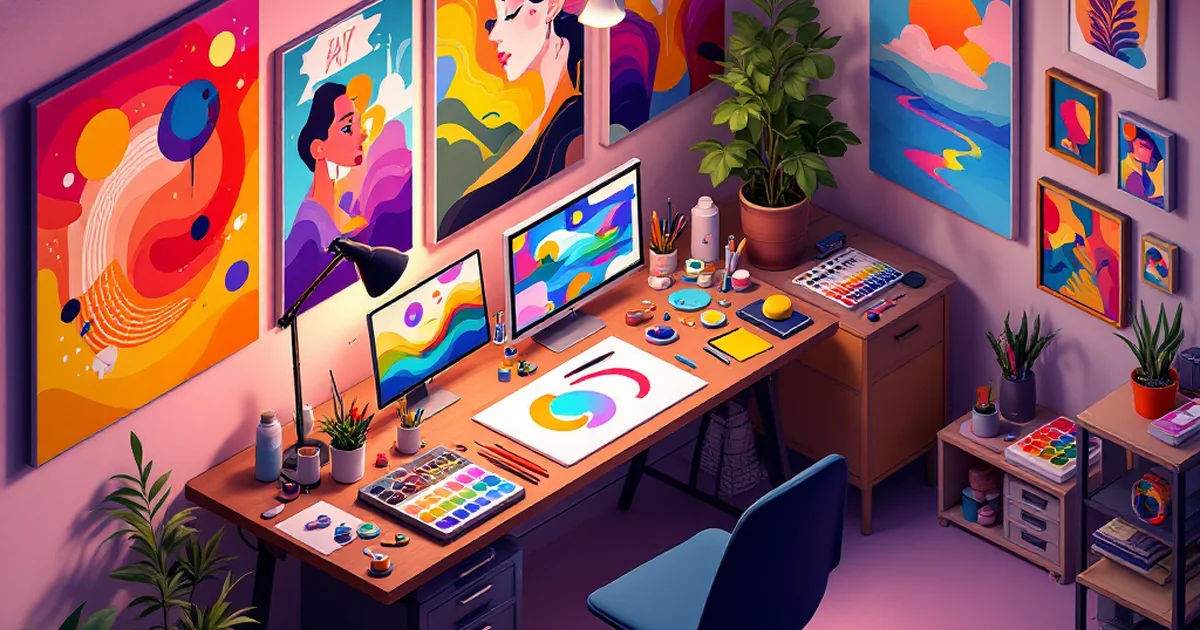 Isometric view of an art studio with digital and traditional art tools.