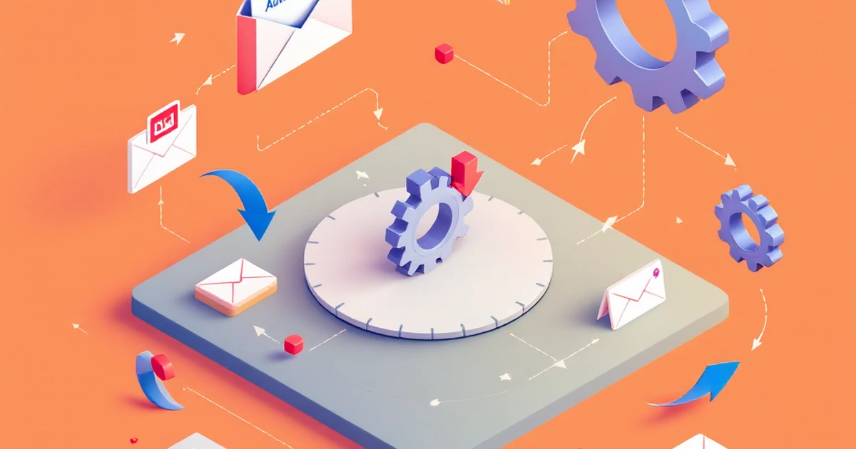 Isometric illustration of email automation process with flowcharts and gears.
