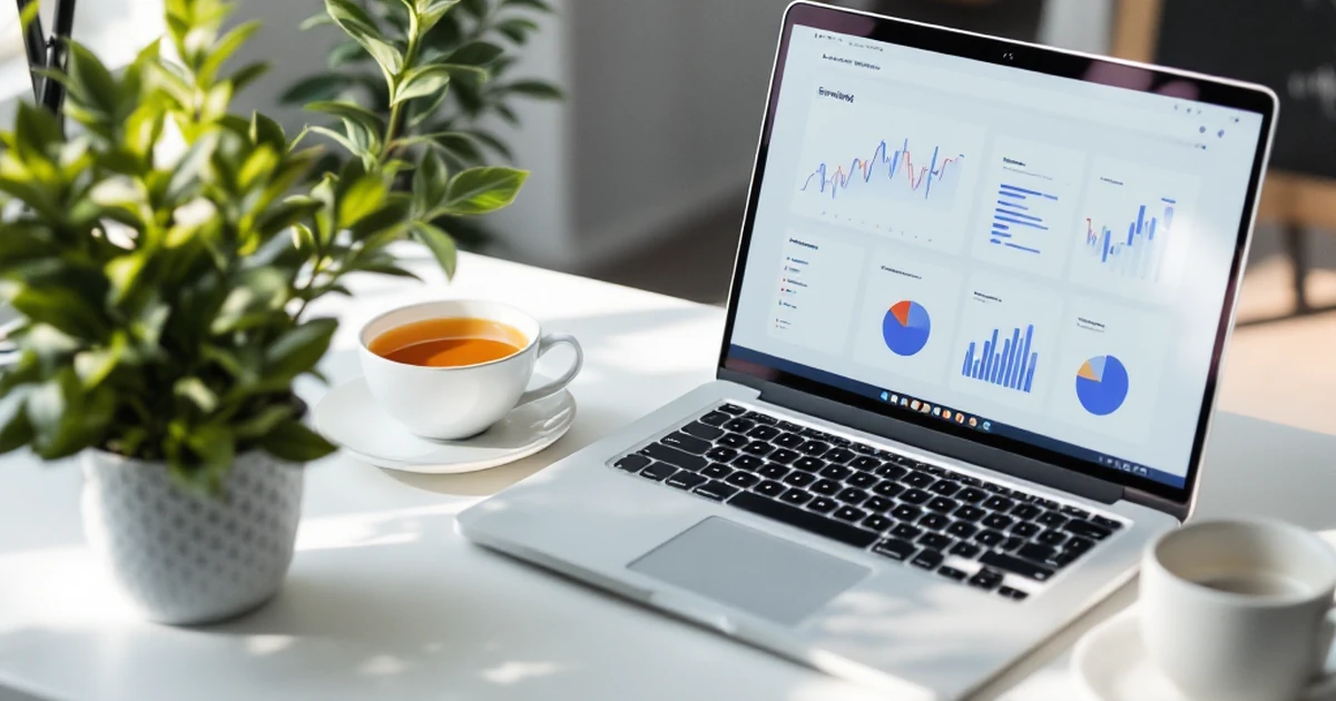 Workspace setup for email marketing with open laptop and graphs.