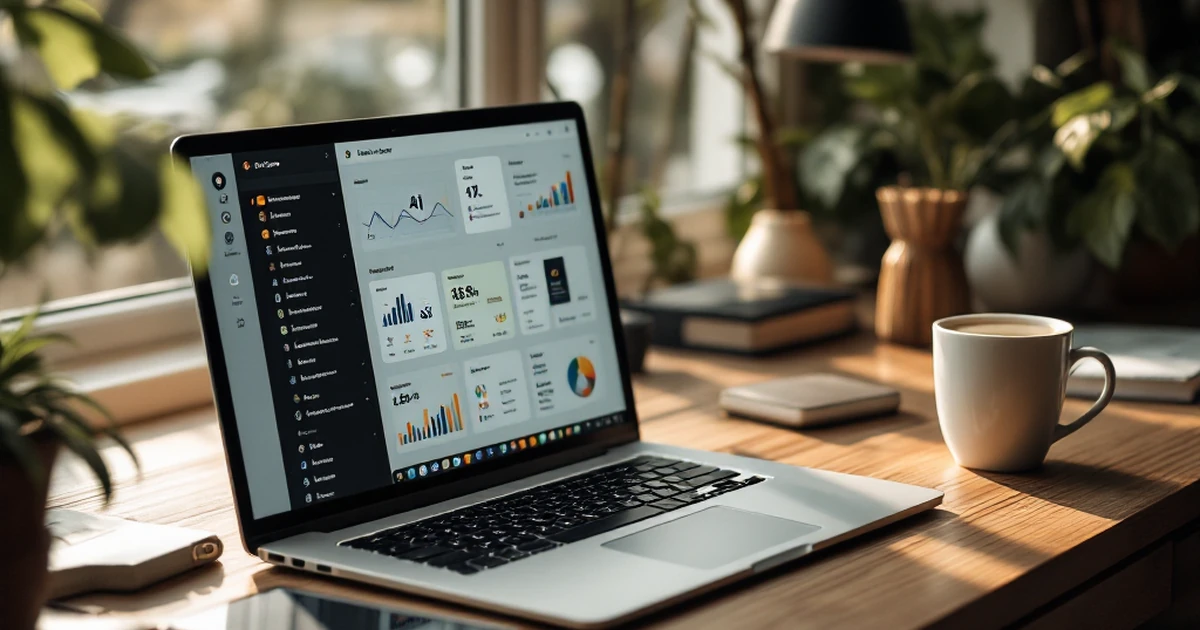 Digital marketer's workspace with AI tools on a laptop screen.