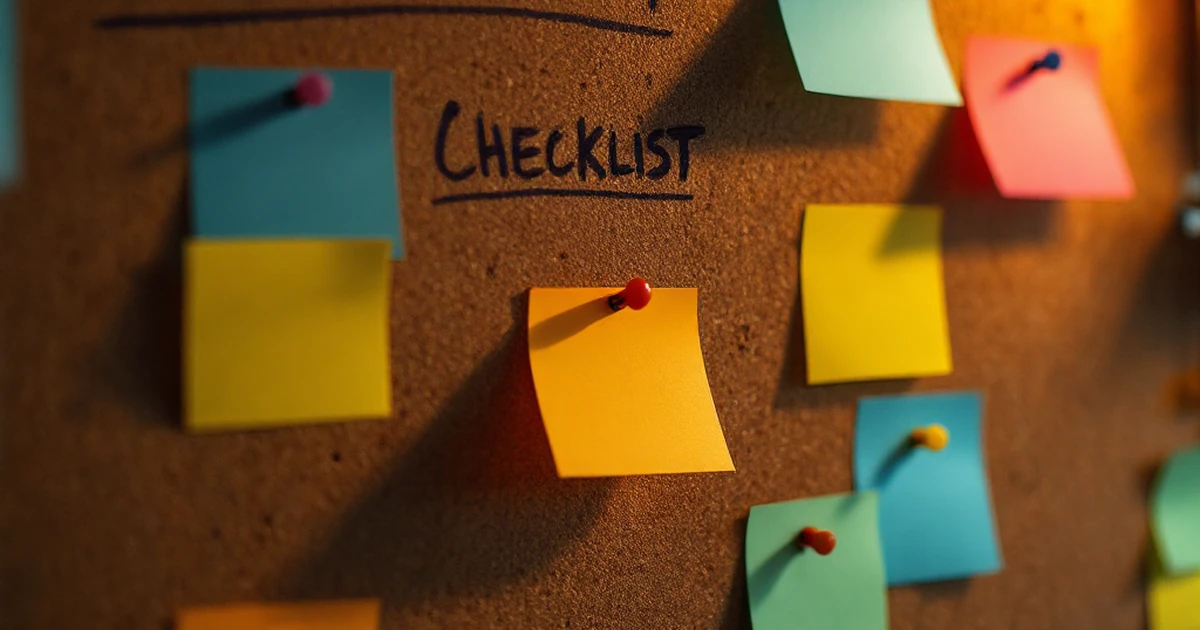 Editorial shot of a troubleshooting checklist with sticky notes on a corkboard.