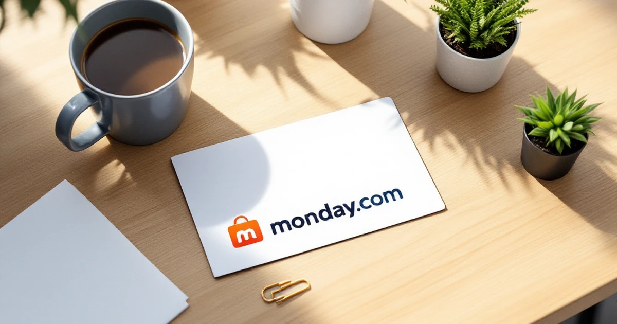 Isometric view of ClickUp and Monday.com icons with desk items.
