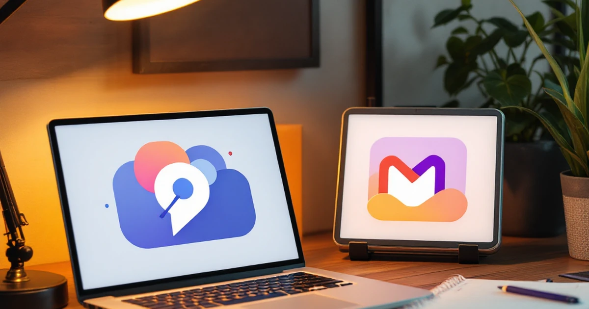 Workspace with abstract icons for ClickUp and Monday.com on a wooden desk.