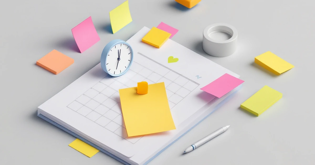 Isometric view of task management features with sticky notes and calendar pages.