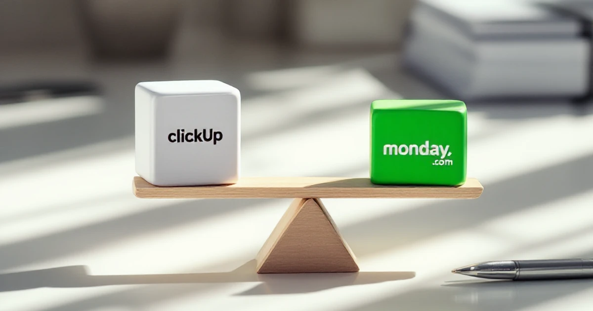 Workspace view with balance scale and colorful blocks for decision-making.