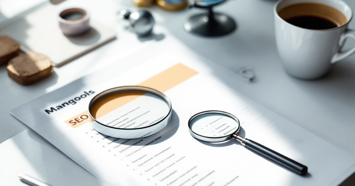 Mangools SEO tool with magnifying glass and coffee on white desk.