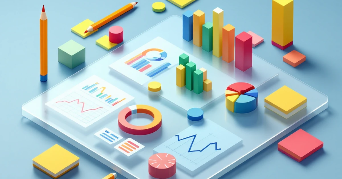 Isometric view of SEO tools with charts and graphs.