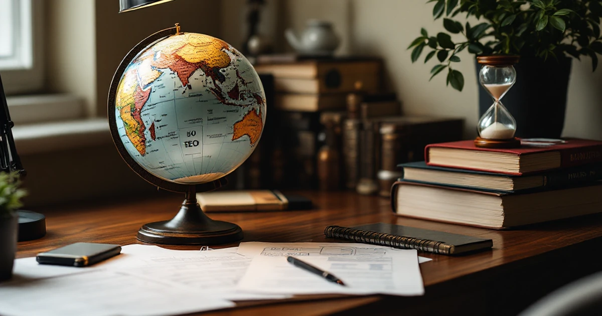 SEO analysis workspace with globe and books on oak desk.