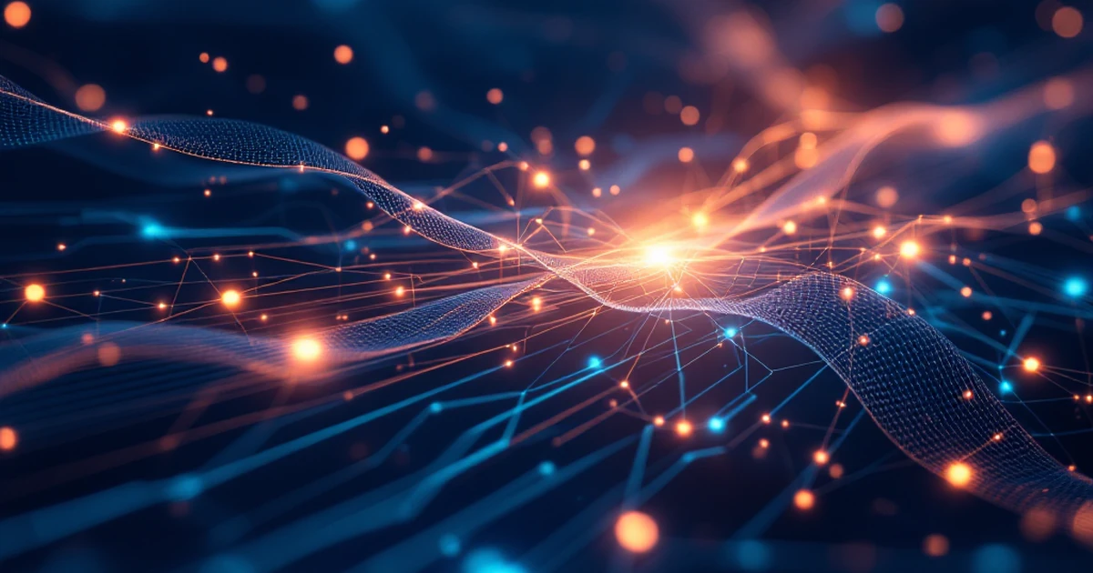 Abstract image of digital connections with glowing network lines on a blue background.