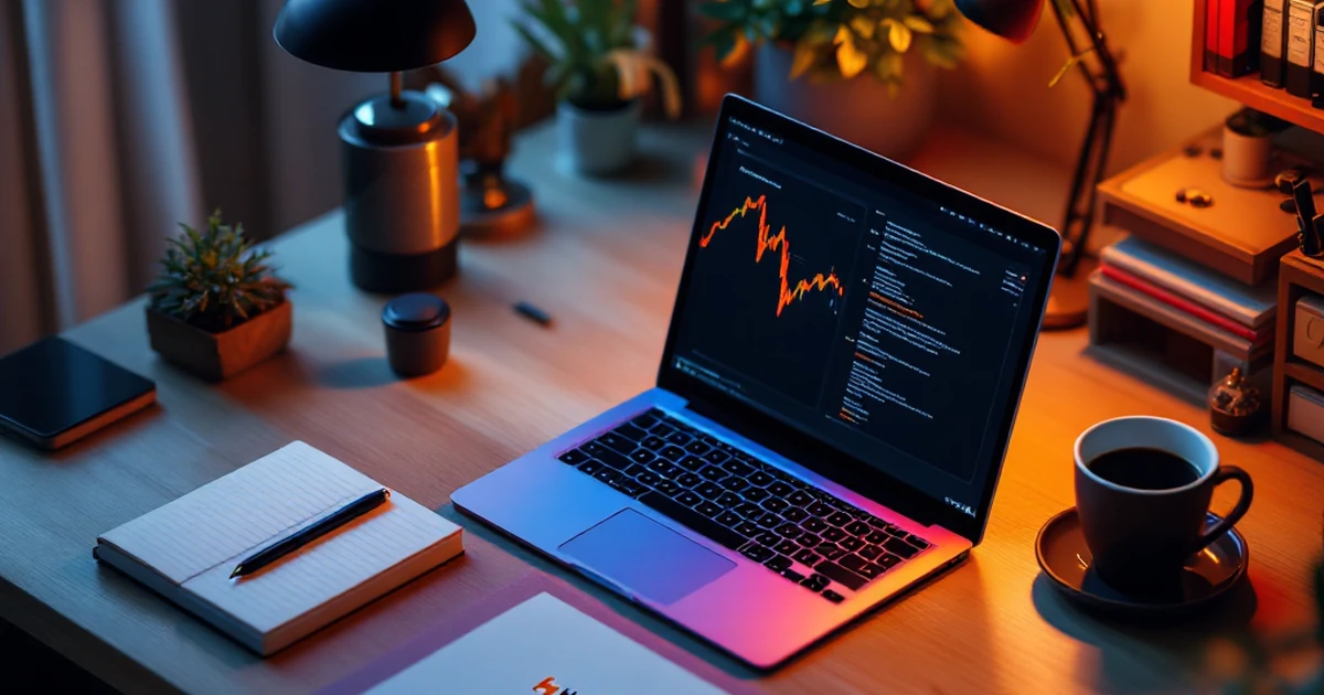 Isometric view of Hostinger-themed workspace with laptop and notepad.