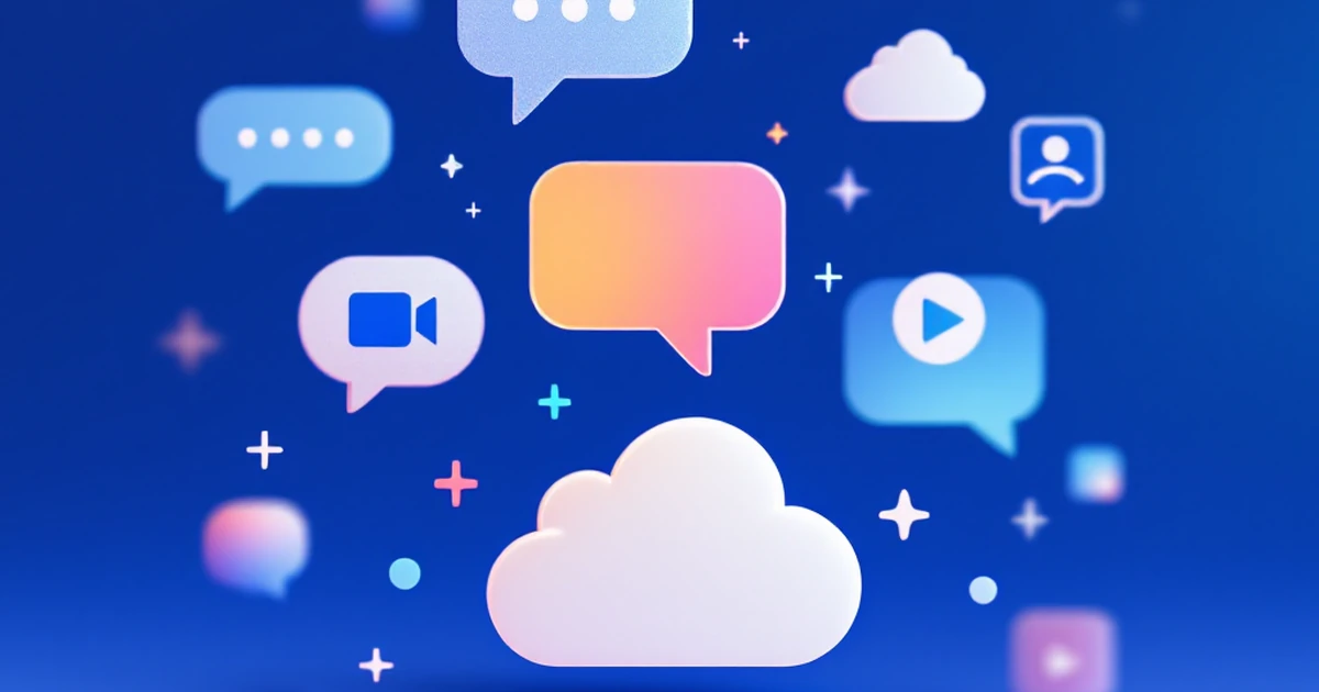 Abstract digital collaboration icons on blue background.