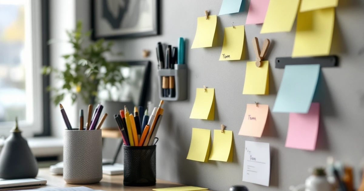 Workspace setup with team tools on a wood desk.