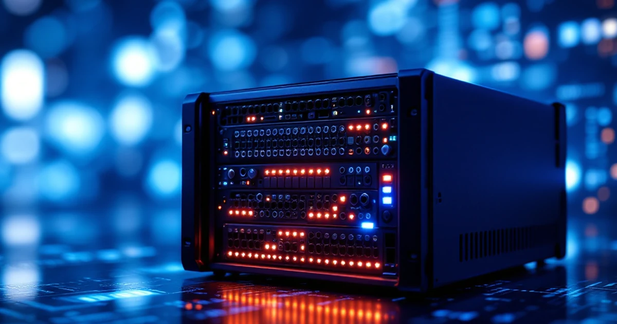 Server rack model with LED indicators and digital data streams in the background.