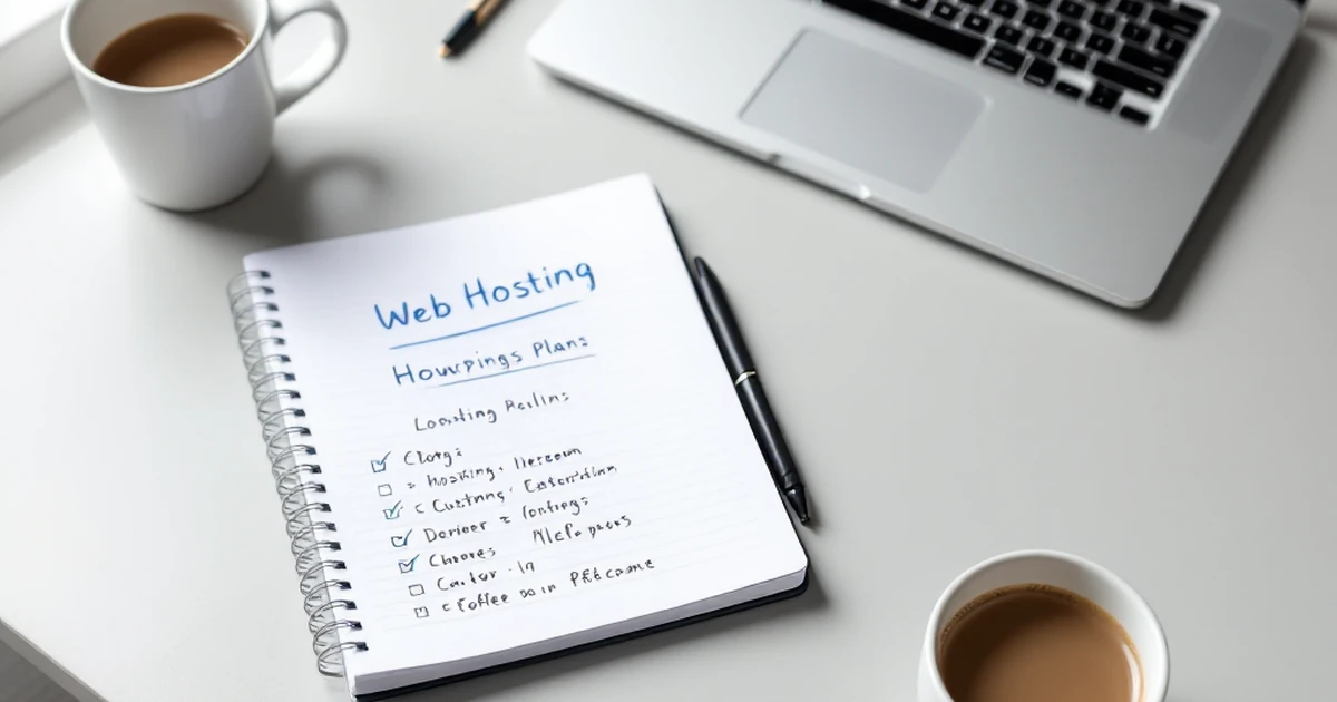 Web hosting essentials on a table, featuring a laptop, notebook, and coffee mug.