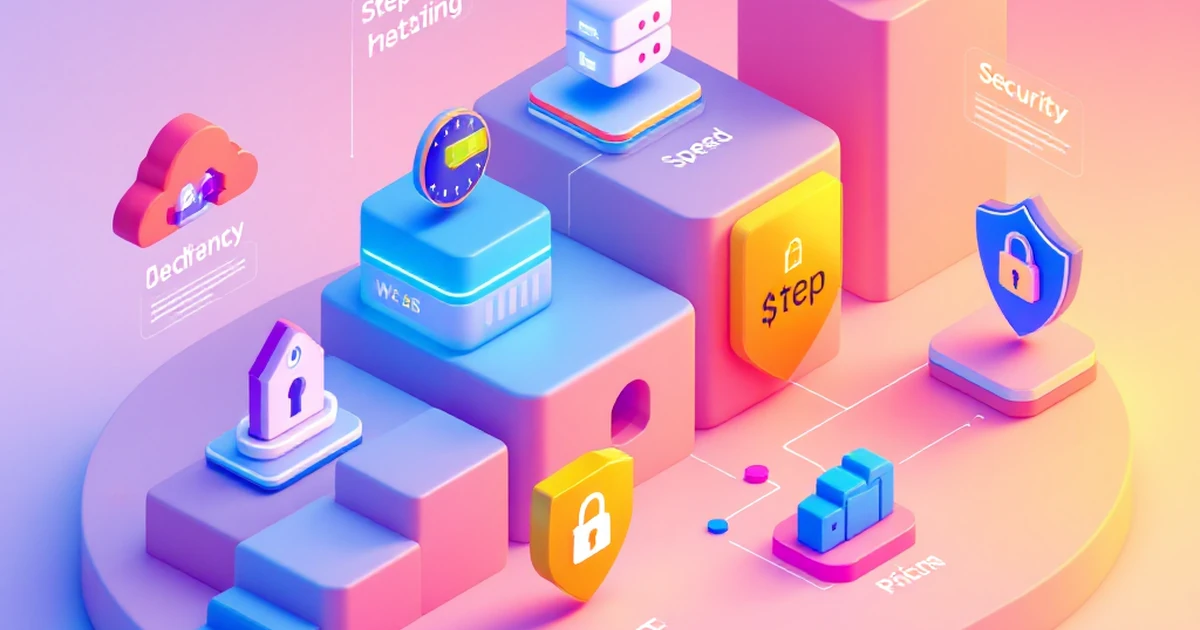 Illustrative isometric view of a web hosting guide with icons for key features.