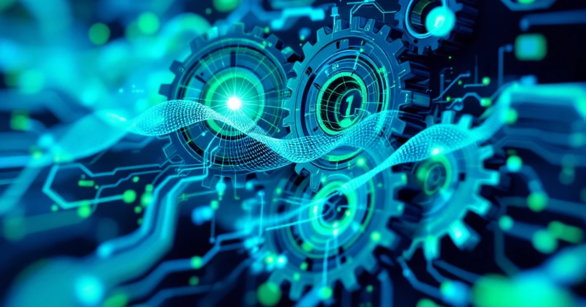 Abstract image showing digital waves and gears, representing web hosting troubleshooting.