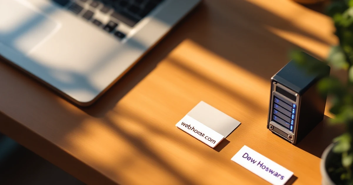 Isometric view of laptop, domain tag, and server model on desk.