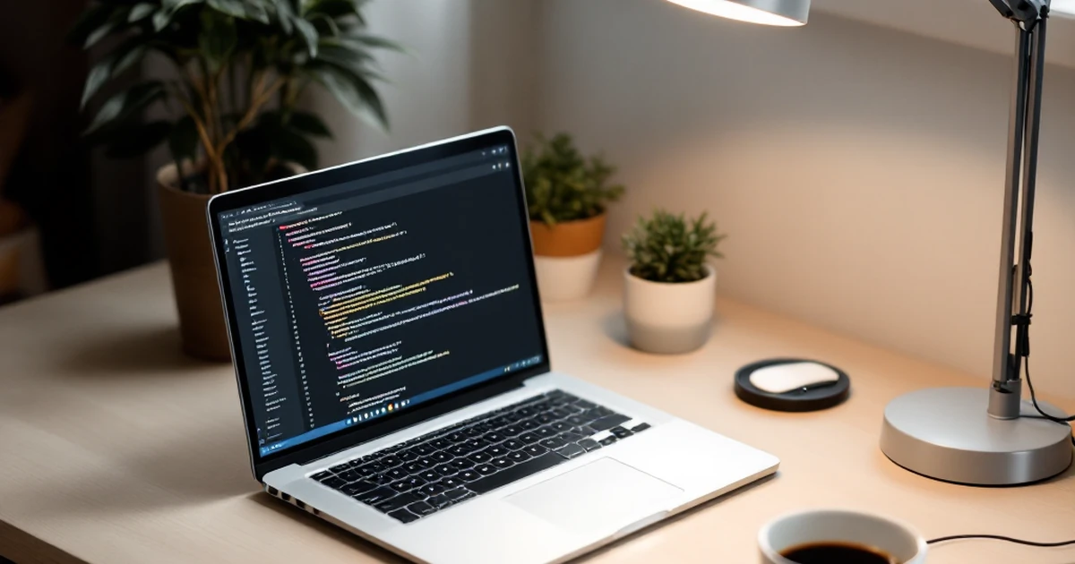 Workspace setup with laptop, plant, and coffee cup on table.