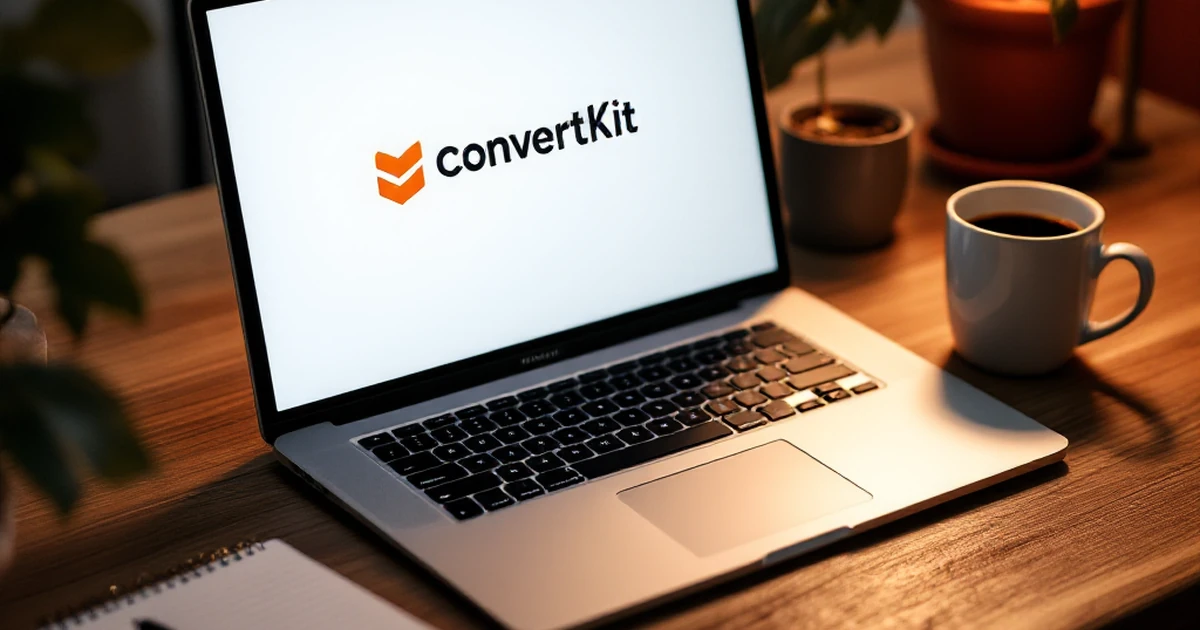 Digital workspace for email marketing with laptop, notepad, and coffee mug.