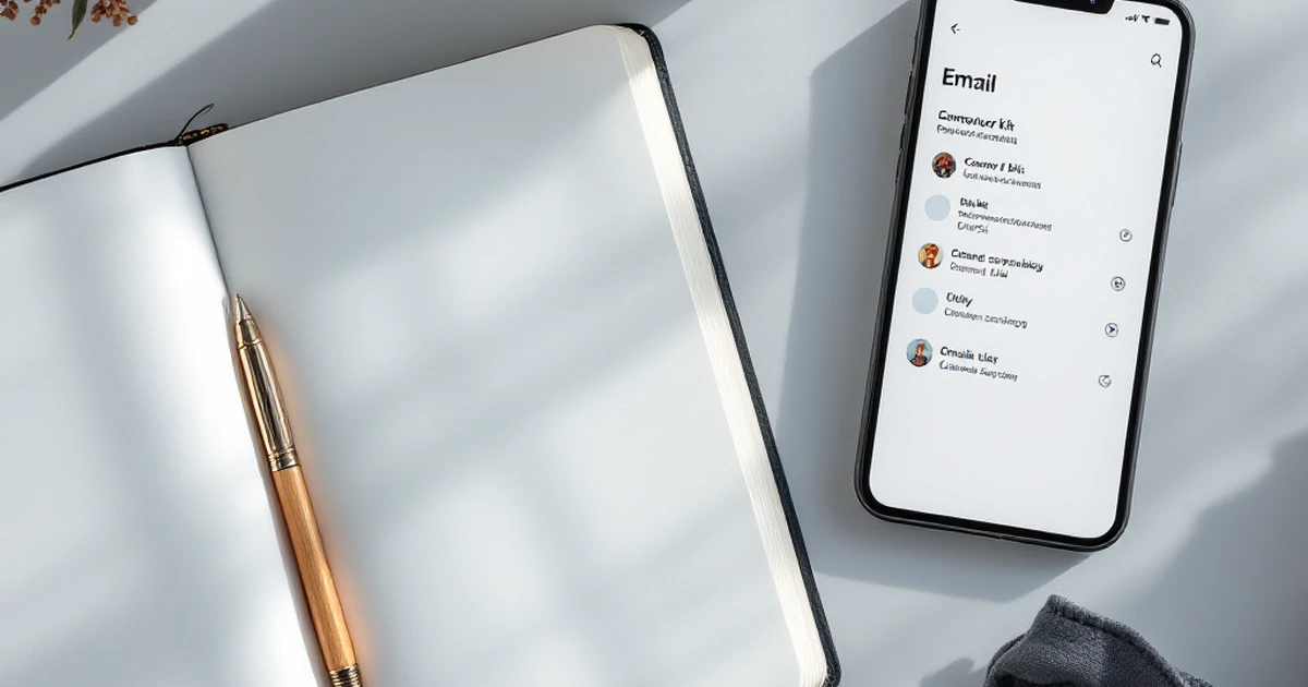 Tools for email marketing with notebook, smartphone, and coffee cup.