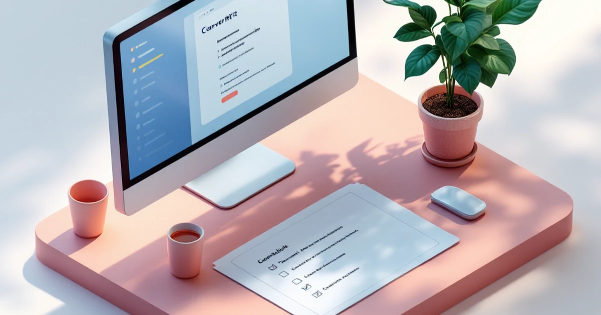 Email marketing setup with computer displaying ConvertKit and checklist.