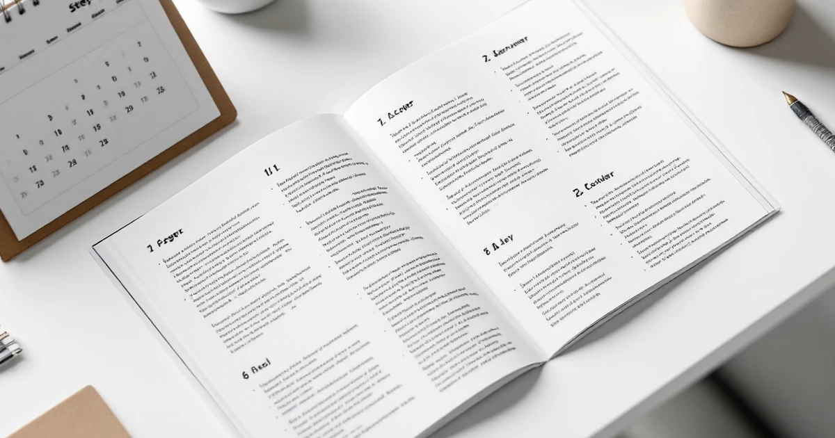 Isometric view of guide layout with numbered pages and calendar.