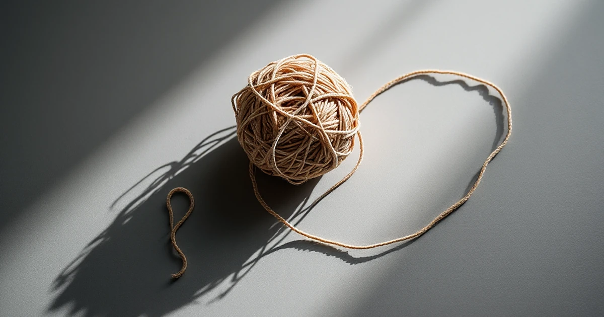 Tangled yarn ball, scissors, and straight thread on grey surface.