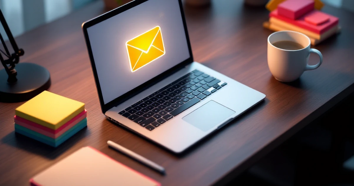 Isometric digital workspace with email marketing tools and glowing email icon.