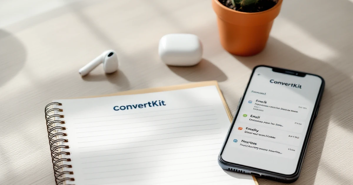 Product photo of email automation tools with ConvertKit branding on a wooden desk.
