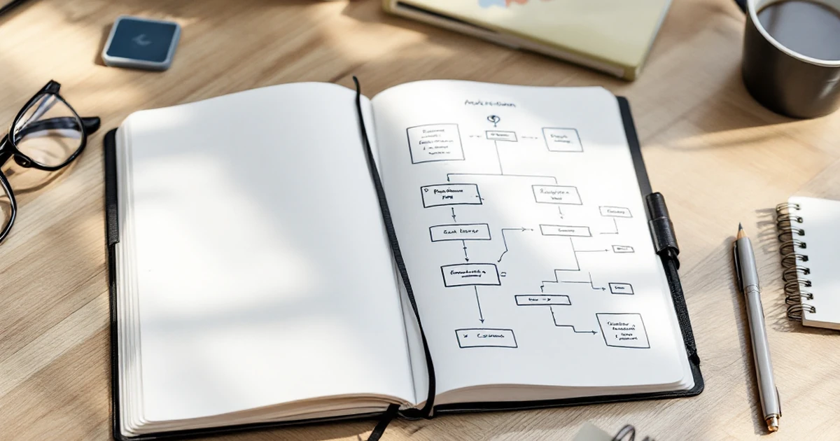 Workspace with flowchart sketches and coffee cup.