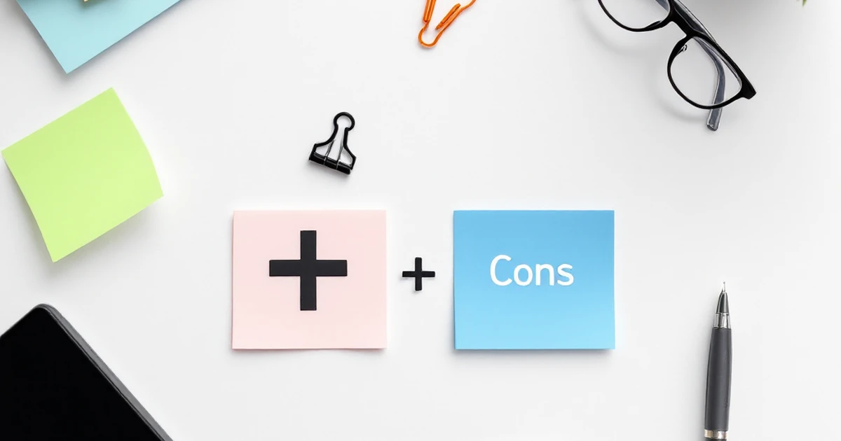 Flat lay of symbols and notes for pros and cons.