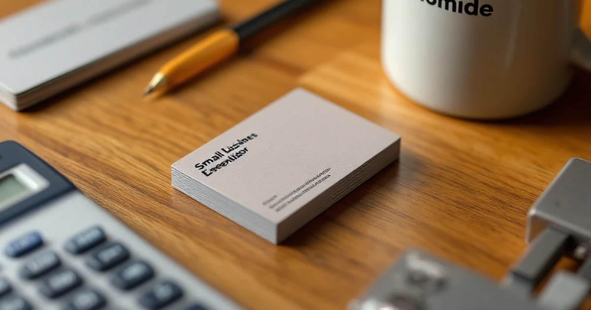 Collection of small business essentials including calculator and mug.