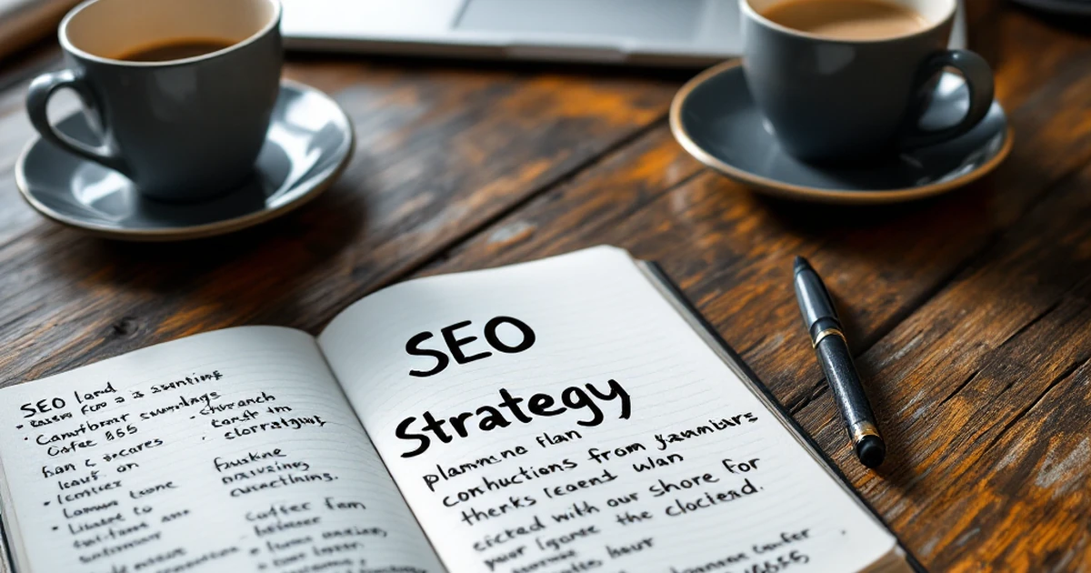 Workspace with notebook and coffee for SEO strategy planning.