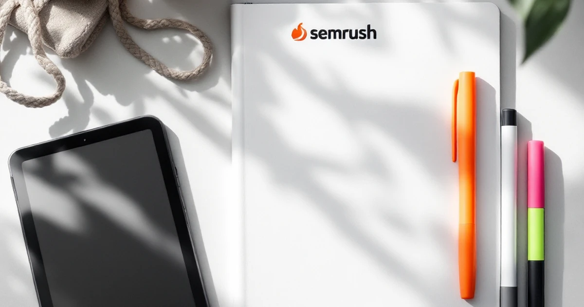Flat lay of essentials like tablet and notebook for using Semrush.