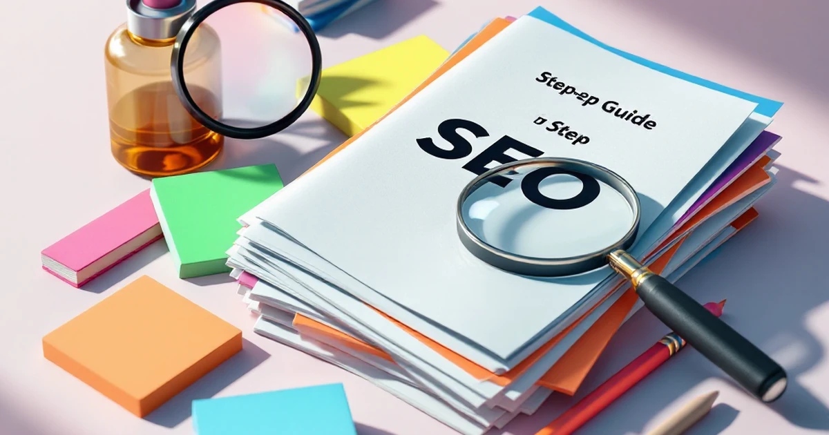 Isometric view of SEO guide materials with stack of printed guides.